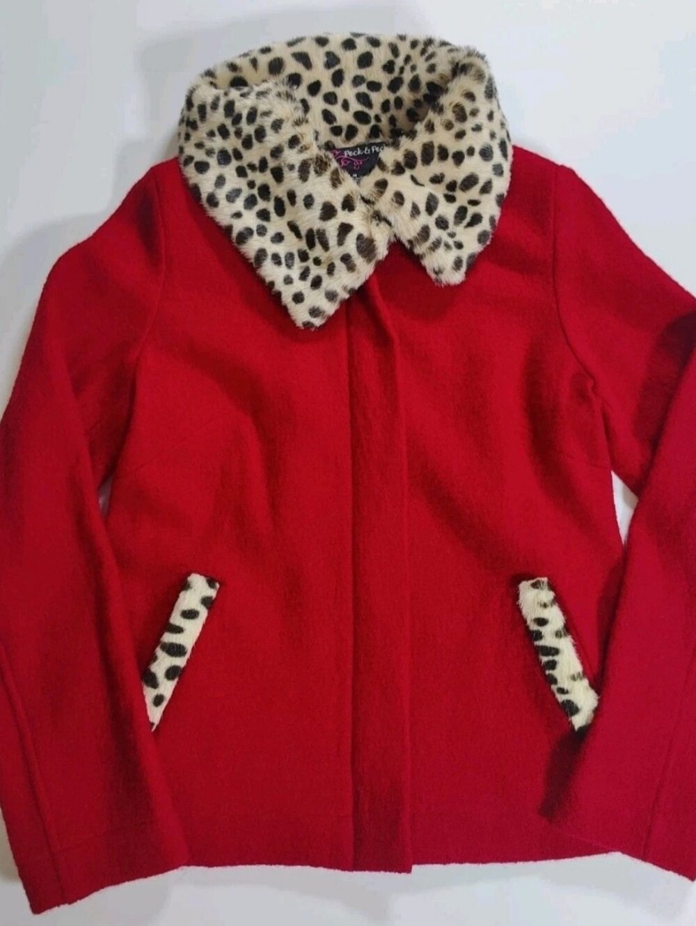 NWT Peck & Peck Red 100% Wool Coat with Faux Leopard Trim Size M